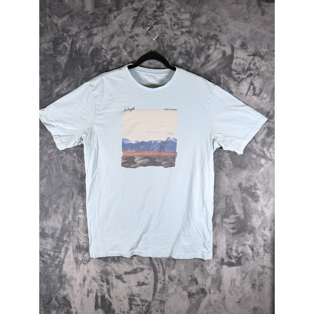 American Eagle Explore The Outdoors Mountain Graphic Tee Light Blue Tall L